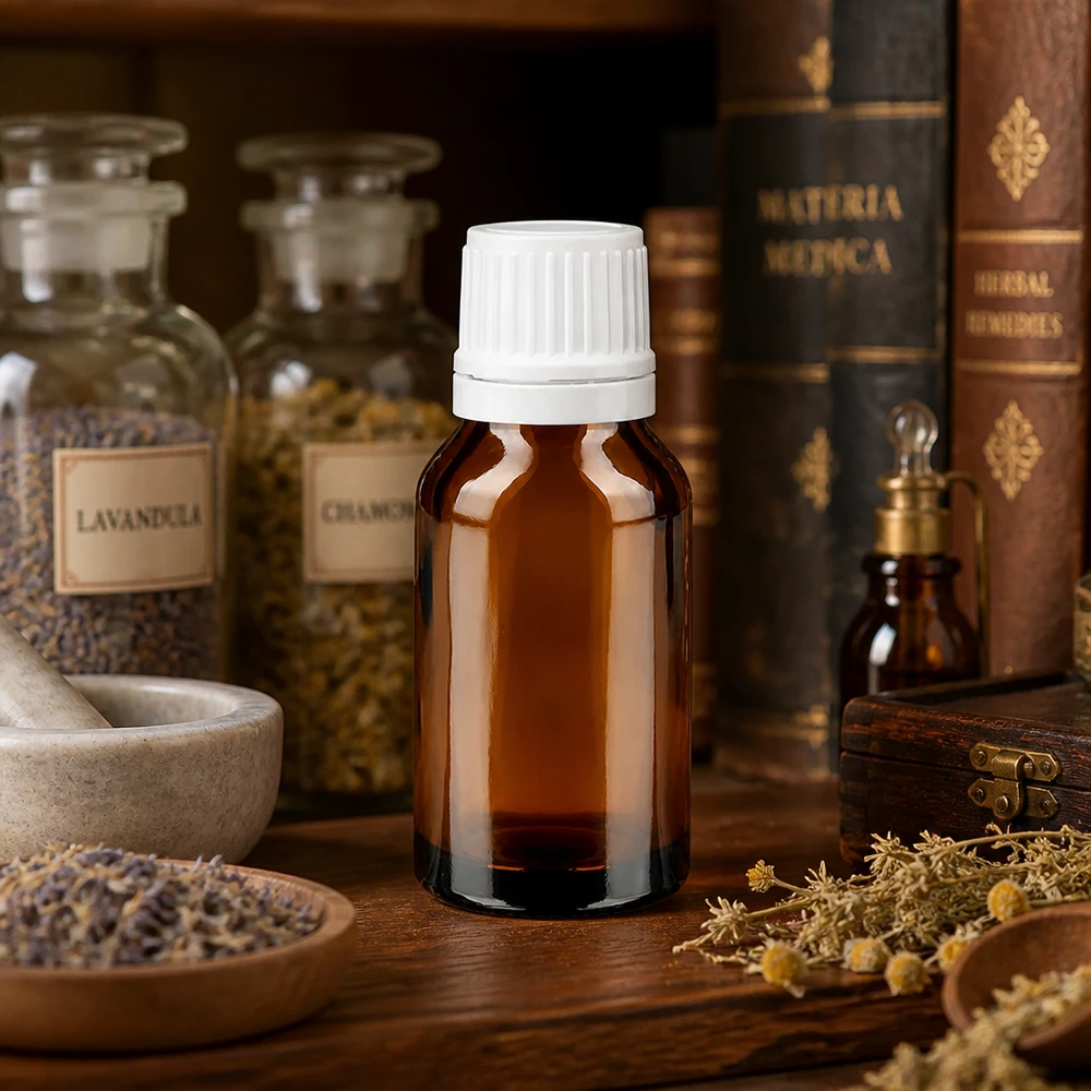 Bruine glazen fles 15ml met wit druppelsluiting 1.2mm VR Bruine druppelfles van 15 ml met witte etikettering, met een afbeelding van gedroogde kamillebloemen en een vijzel