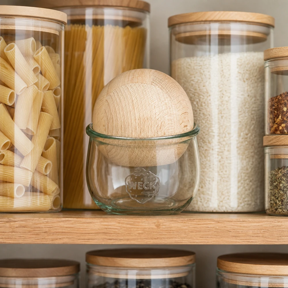 WECK tulpenpot 580ml RR100 met beukenhouten bol in georganiseerde voorraadkeuken tussen voorraadpotten voor pasta en rijst