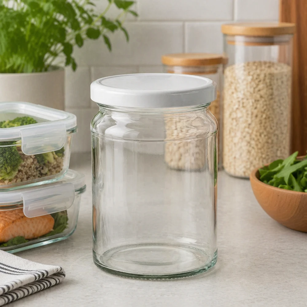 205 ml ronde pot met wit deksel in een moderne keuken - voorraadpot tussen voorraadbakjes en keukengerei