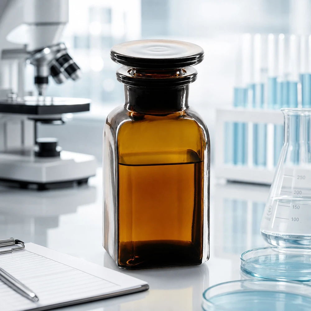 Kleine bruine, rechthoekige fles van 100 ml met een geslepen glazen stop voor farmaceutisch gebruik