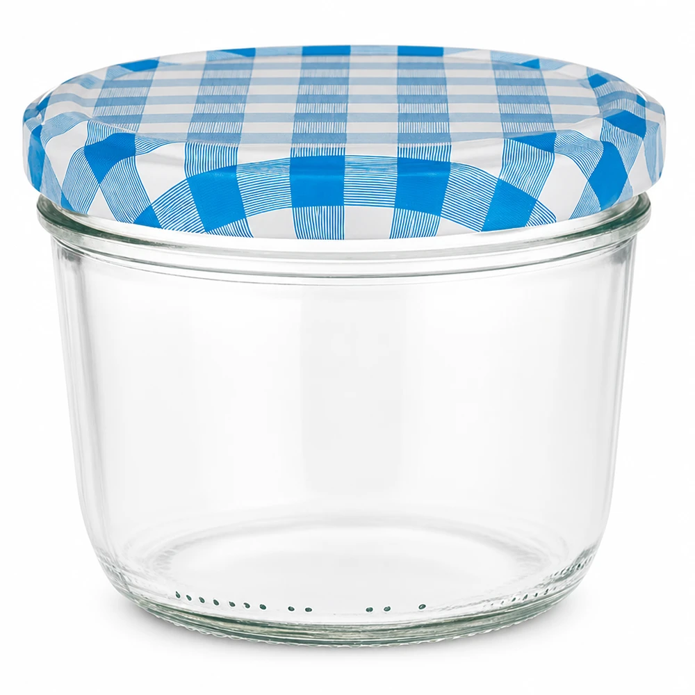 230ml bekers met BasicSeal deksel blauw UNiTWIST 230 ml bekers met blauw en wit geblokt BasicSeal deksel voor jam en conserven