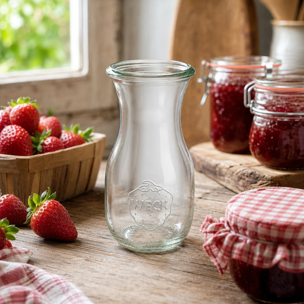 WECK sapfles 290ml RR60 in een rustieke keuken met verse aardbeien en zelfgemaakte jam