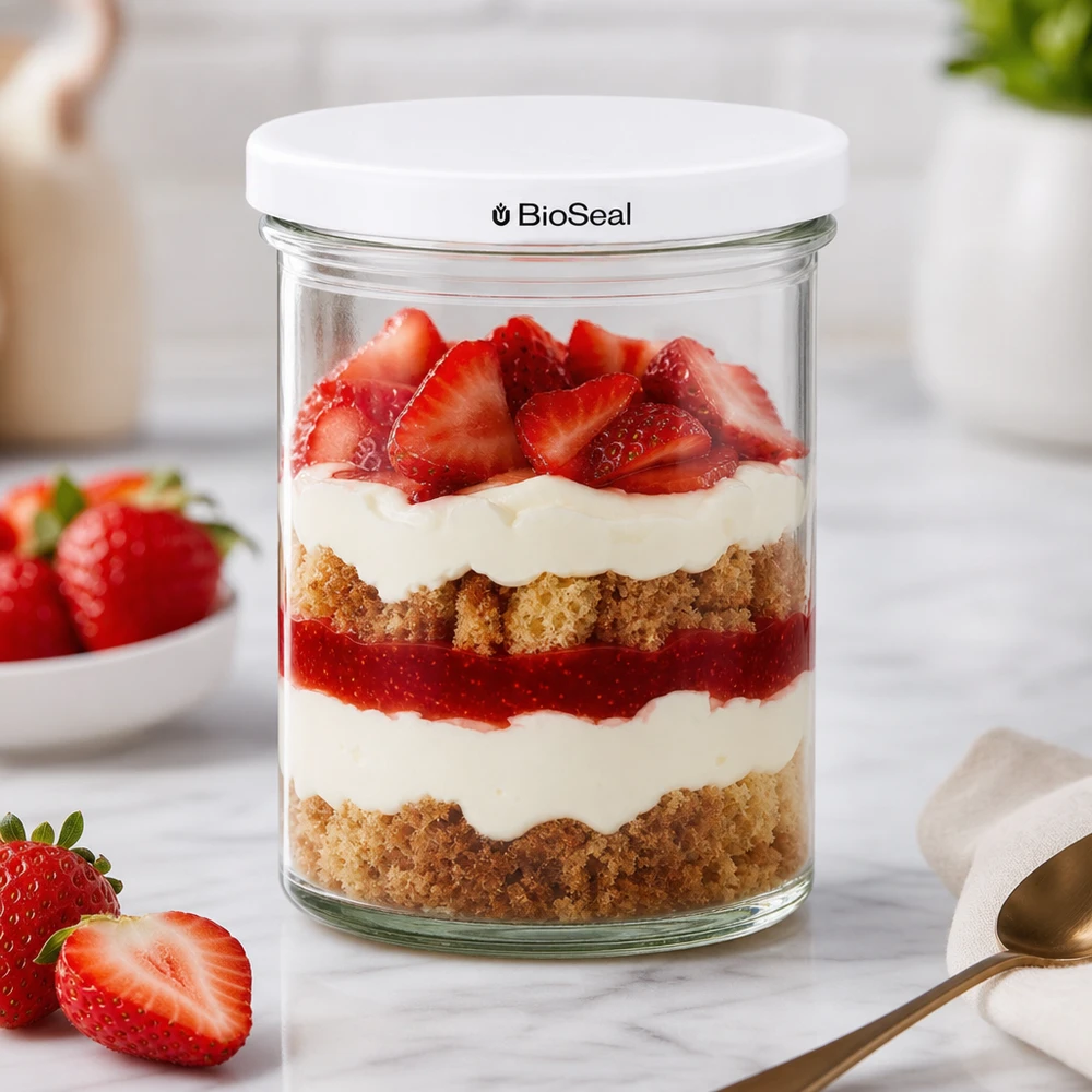 435ml bekers met BioSeal deksel wit UNiTWIST UNiTWIST bekers 435 ml met gelaagd aardbeientoetje en verse bessen tonen creatieve dessertpresentatie