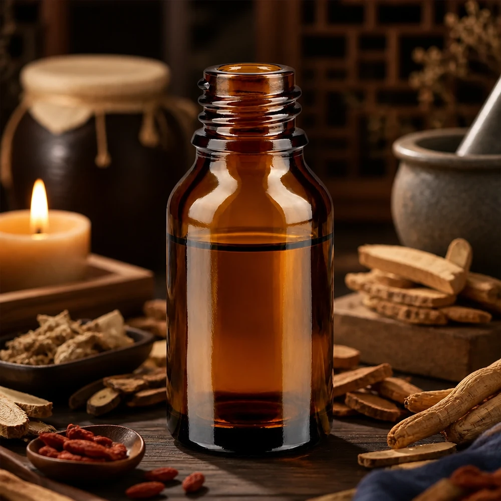 15ml bruin apothekersflesje ApoGlas met ginseng wortels kruiden en kaars in traditionele helende omgeving