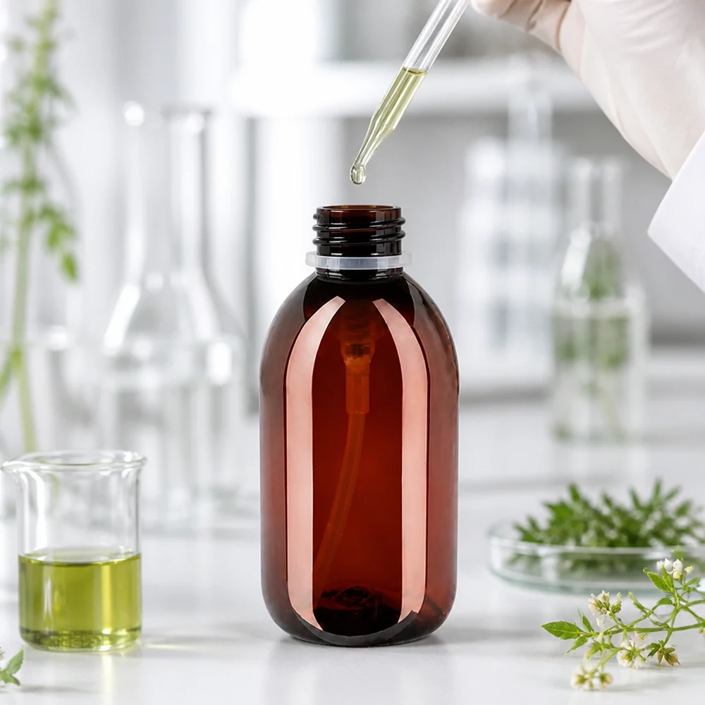 Lichtgeschuetzte 250ml Kunststoffflasche braun mit Pumpdispenser weiss