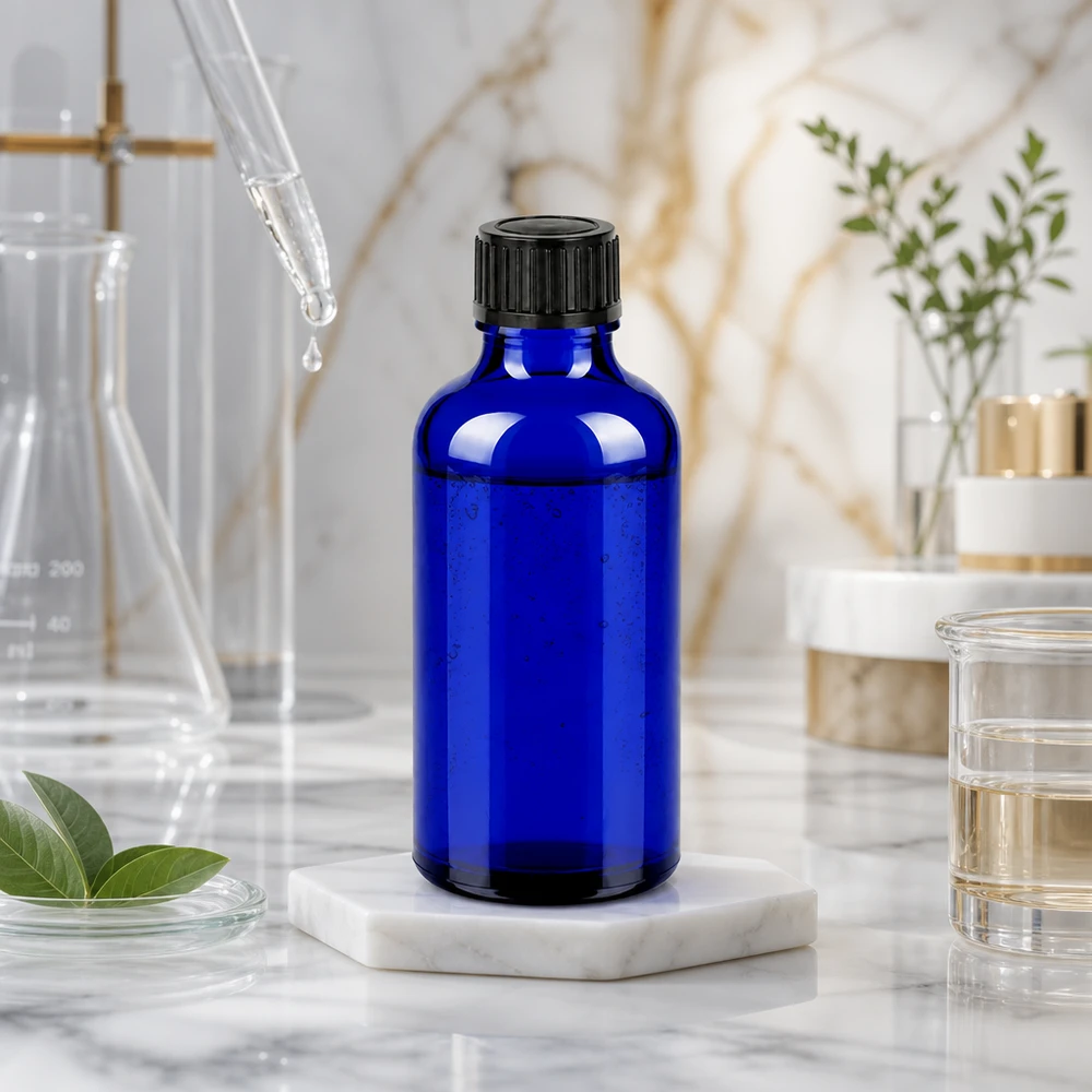 Robuuste kobaltblauwe glazen fles van 50 ml met matzwarte dop, geschikt voor laboratorium- en apothekersgebruik