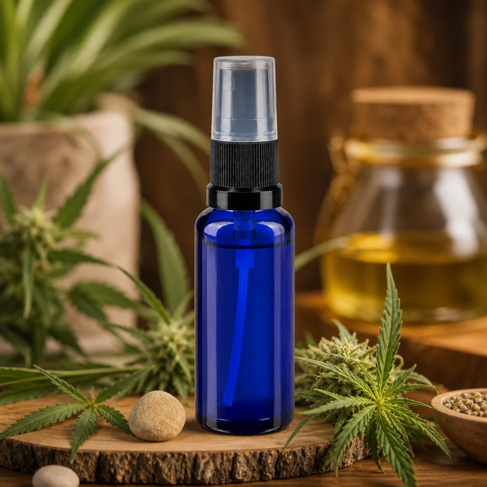 Pharmaglas-spuitflesje van 30 ml, kobaltblauw met doorzichtige dop, naast hennepplanten en olie