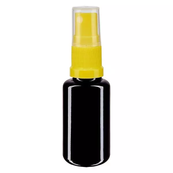 Fles van violet glas 20 ml met pompverstuiver geel Fles van violet glas 20 ml met pompverstuiver geel