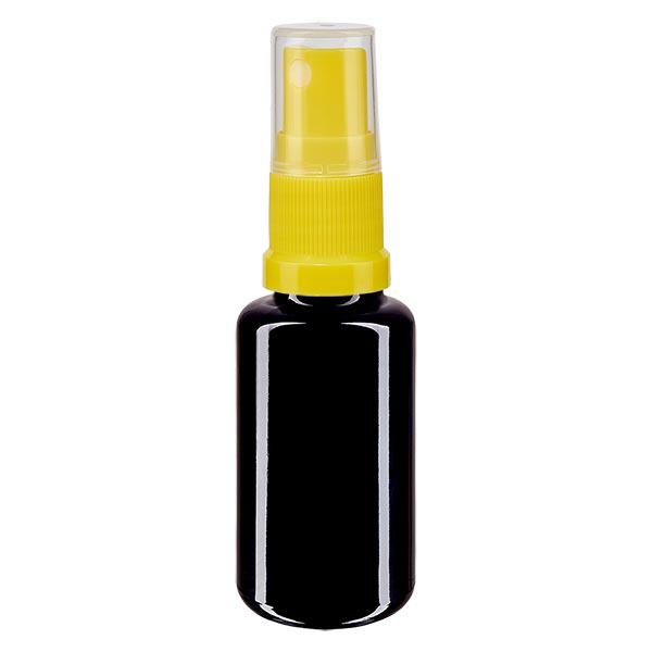 Fles van violet glas 20 ml met pompverstuiver geel Fles van violet glas 20 ml met pompverstuiver geel