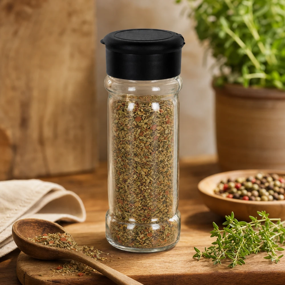 Zout-/kruidenpotje 100 ml met strooier, zwart Glazen kruidenstrooier van 100 ml met kruidenvulling en houten lepel in een keukenscène
