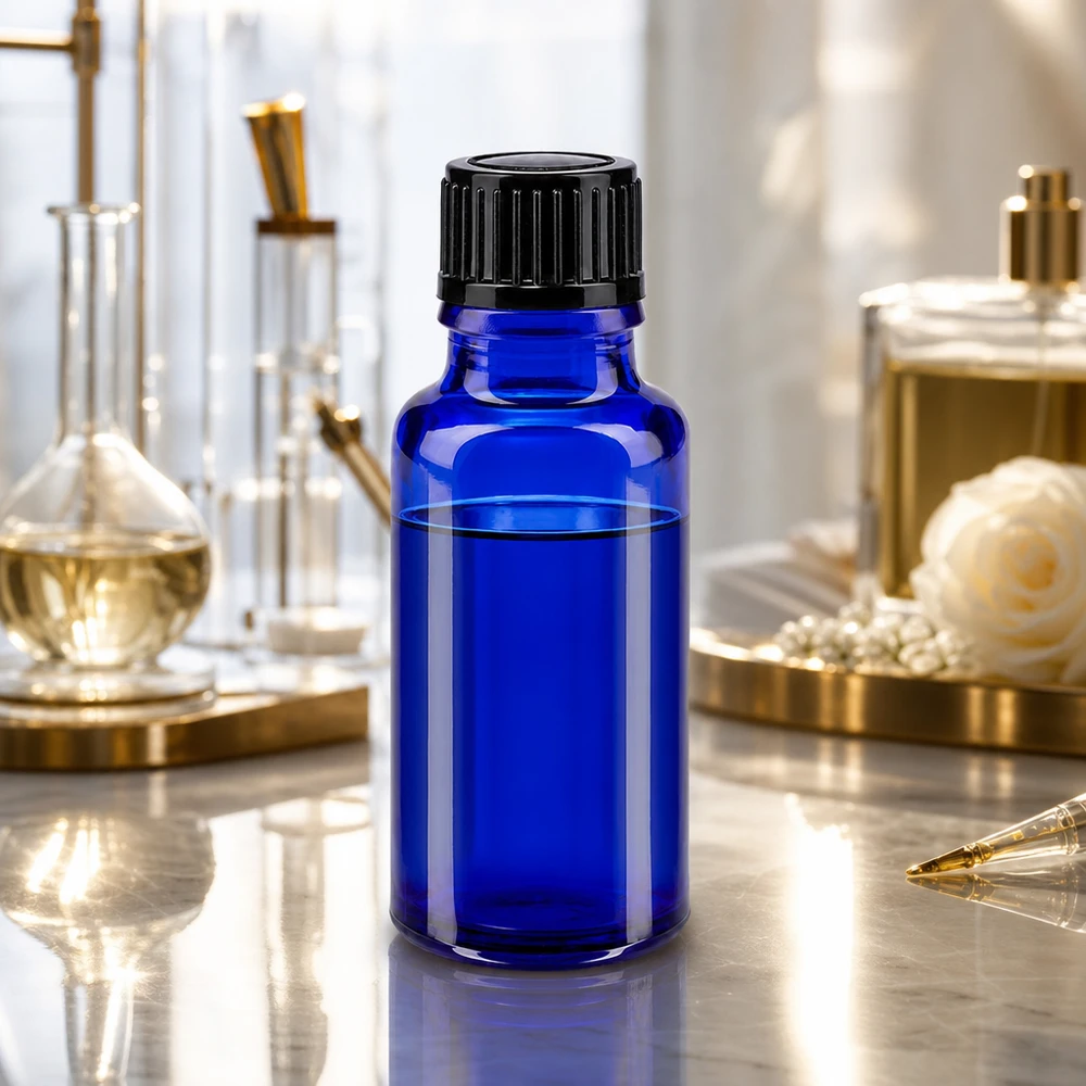Compacte glazen apothekersfles van 20 ml in blauw met zwarte dop voor het maken van parfum