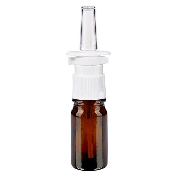 Fles van bruin glas 5 ml met neusverstuiver wit Fles van bruin glas 5 ml met neusverstuiver wit