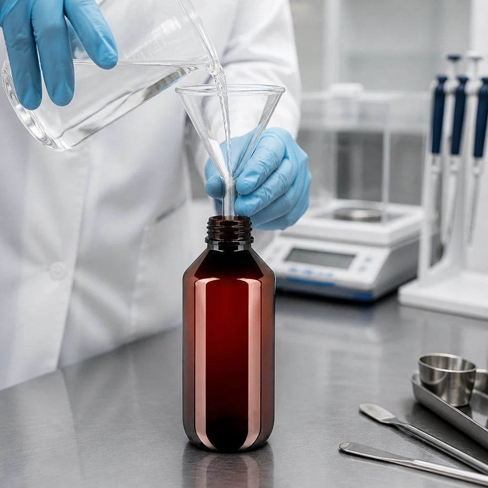 Het vullen van een bruine PET-fles van 200 ml in het laboratorium, met op de achtergrond een analyseweegschaal
