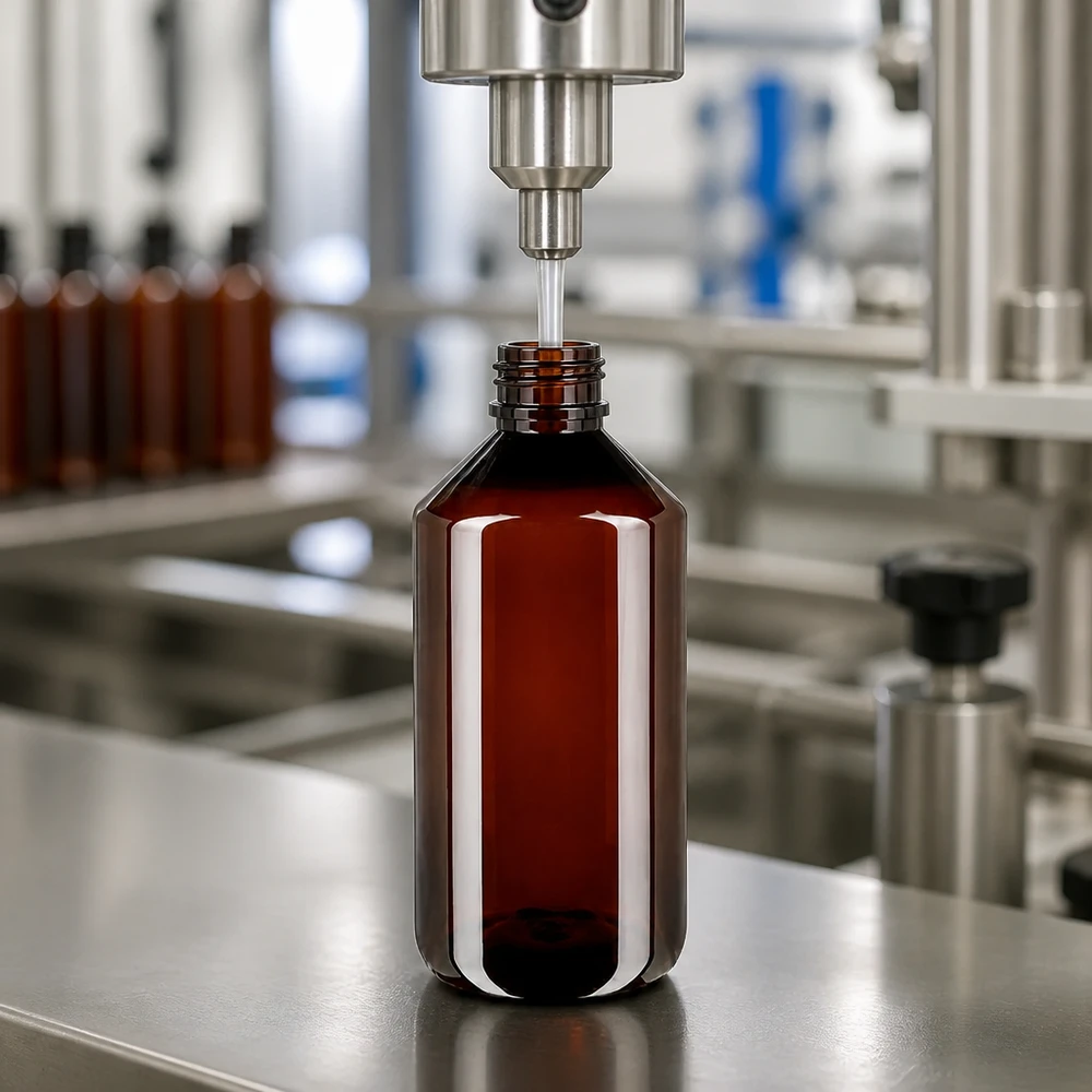 PET fles 750ml met blauwe verzegelstop Ronde fles van 750 ml van bruin PET-plastic met een smalle schroefdop in de productiefaciliteit