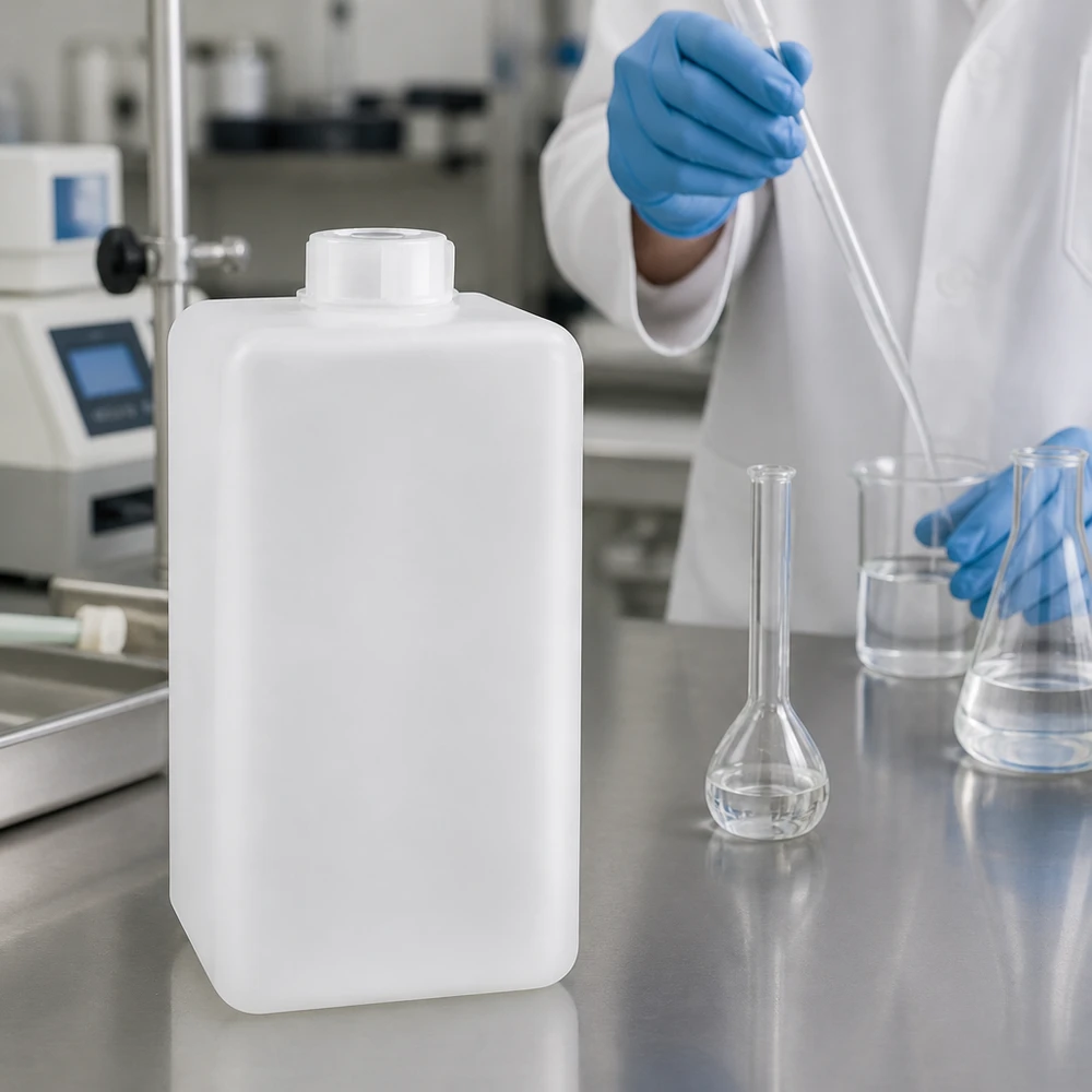 Chemicaliënfles 1500 ml, nauwe hals, incl. sluiting GL 32 PE-HD-fles 1500 ml met smalle hals, naturel, voor het chemisch bestendige bewaren van laboratoriumvloeistoffen