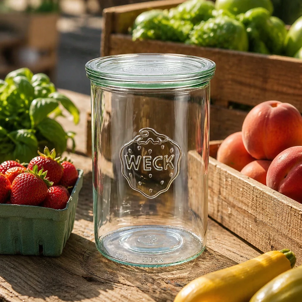 WECK bekers 1000ml RR100 leeg buiten op een houten tafel omringd door vers fruit en groenten in houten kratten