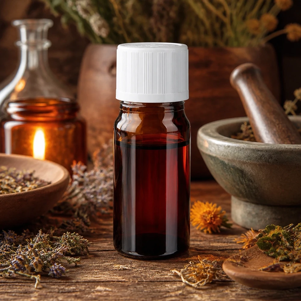 Apothekersflesje van bruin glas van 5 ml met druppelaar, omringd door paardenbloemen en lavendelbloesems