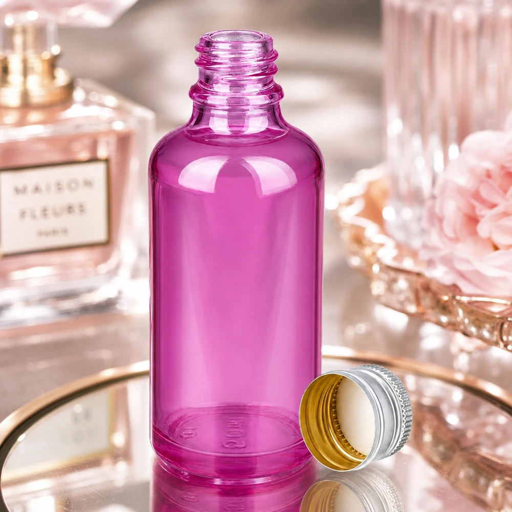 50ml fles 11mm schroefdop aluminium-zilver standaard PurpleLine.UT18/50 Violette glazen fles van 50 ml met UV-bescherming en zilveren dop voor lichtgevoelige producten