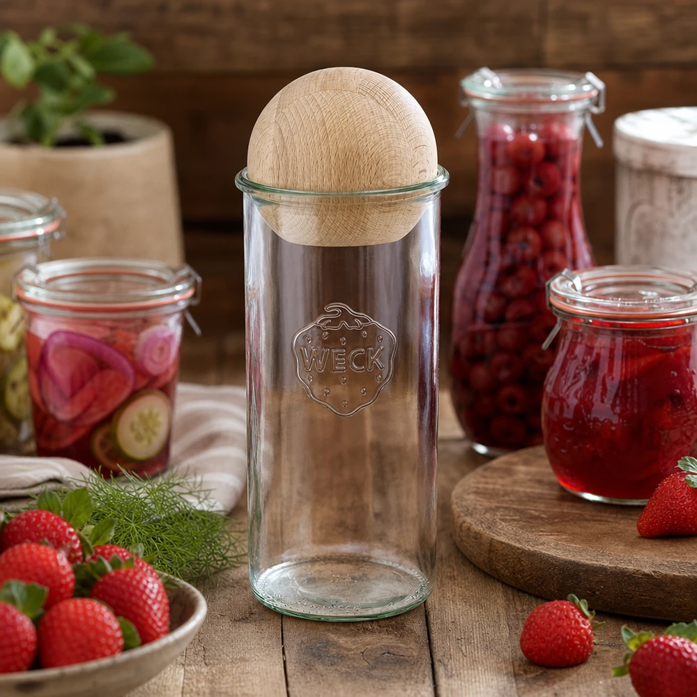 WECK RR100 bekers van 1500 ml decoratief gerangschikt met jampotten en verse aardbeien op een houten tafel