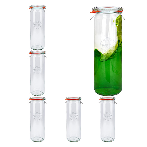 Set van 6 Weck-potten van cilindrisch glas 600 ml, 1/2 liter ondersteboven