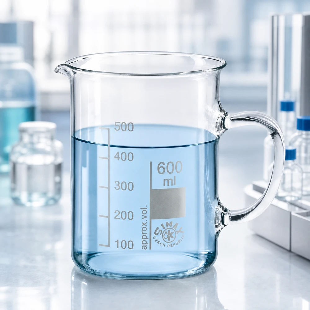 Cilindrische laboratoriumbeker van 600 ml met een glazen handvat aan de zijkant en een geëtste volumeschaal