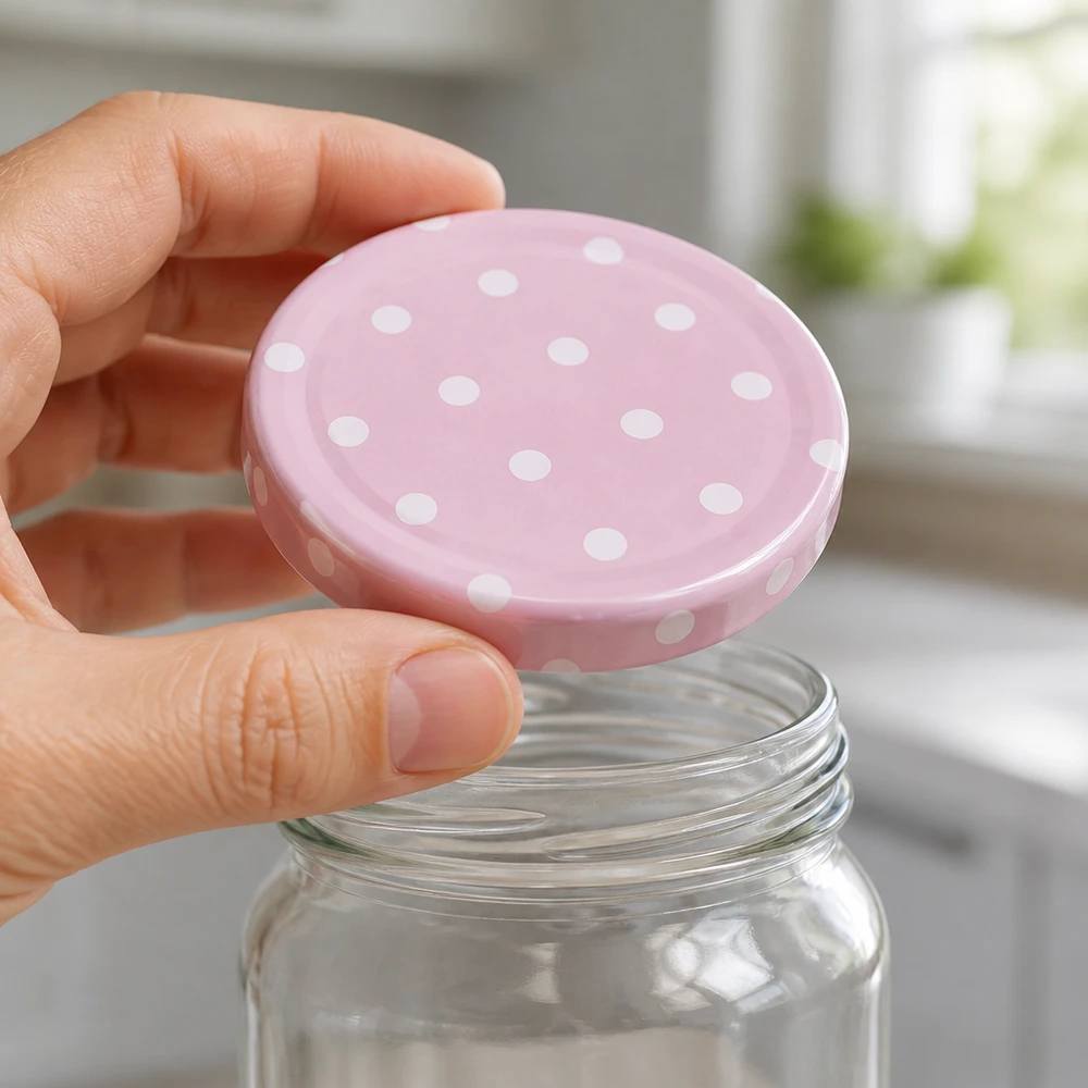 58 mm BasicSeal-deksel met stippen, roze mat (TO58) UNiTWIST UniTwist 58 mm TO58 deksel, roze mat met witte stippen, twist-off-sluiting, lege inmaakpot