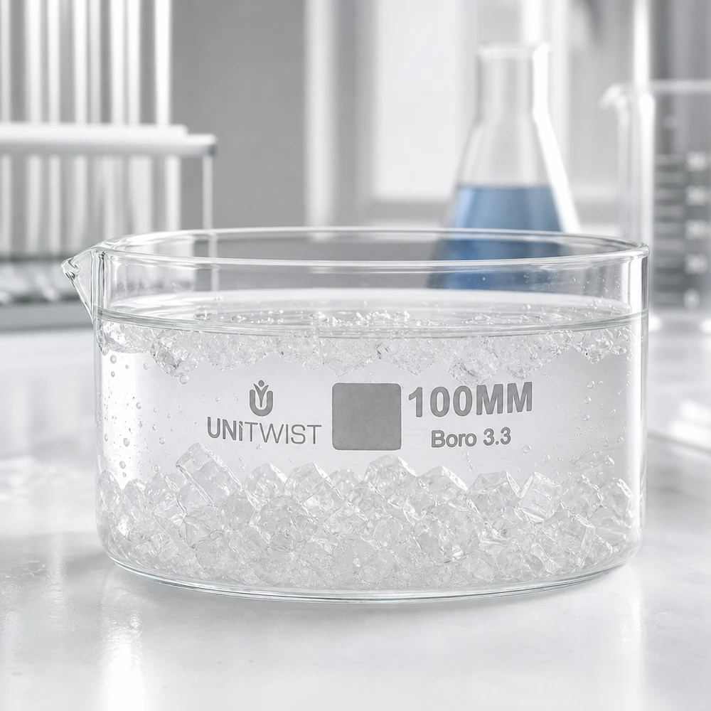 Kristalliseer schaal ø100mm borosilicaatglas UNiTWIST Kristallisatieschaal Boro 3.3, laag model, 100 mm, laboratoriumglas UNiTWIST, transparant