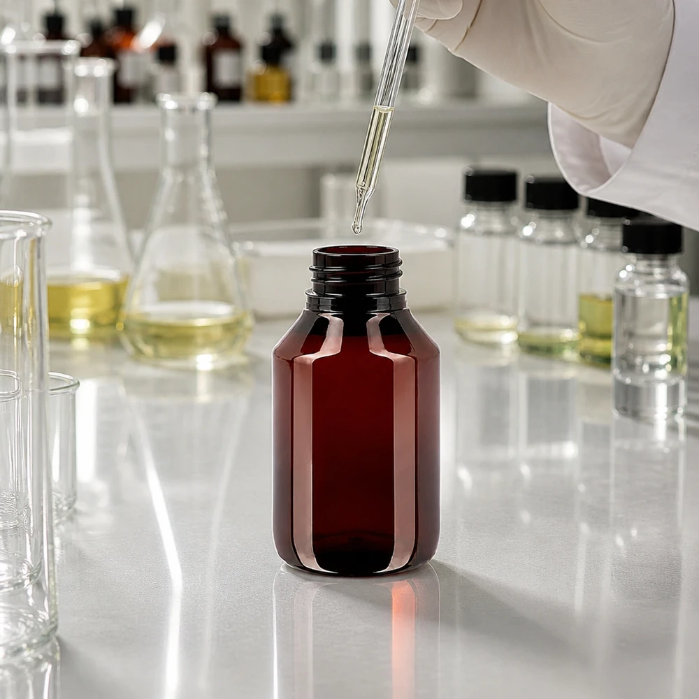 PET fles 50ml met ontgassingsdop rood Druppelflesje van 50 ml, PET, amberkleurig met rode ontluchtingsdop, ideaal voor de farmaceutische industrie en cosmetica