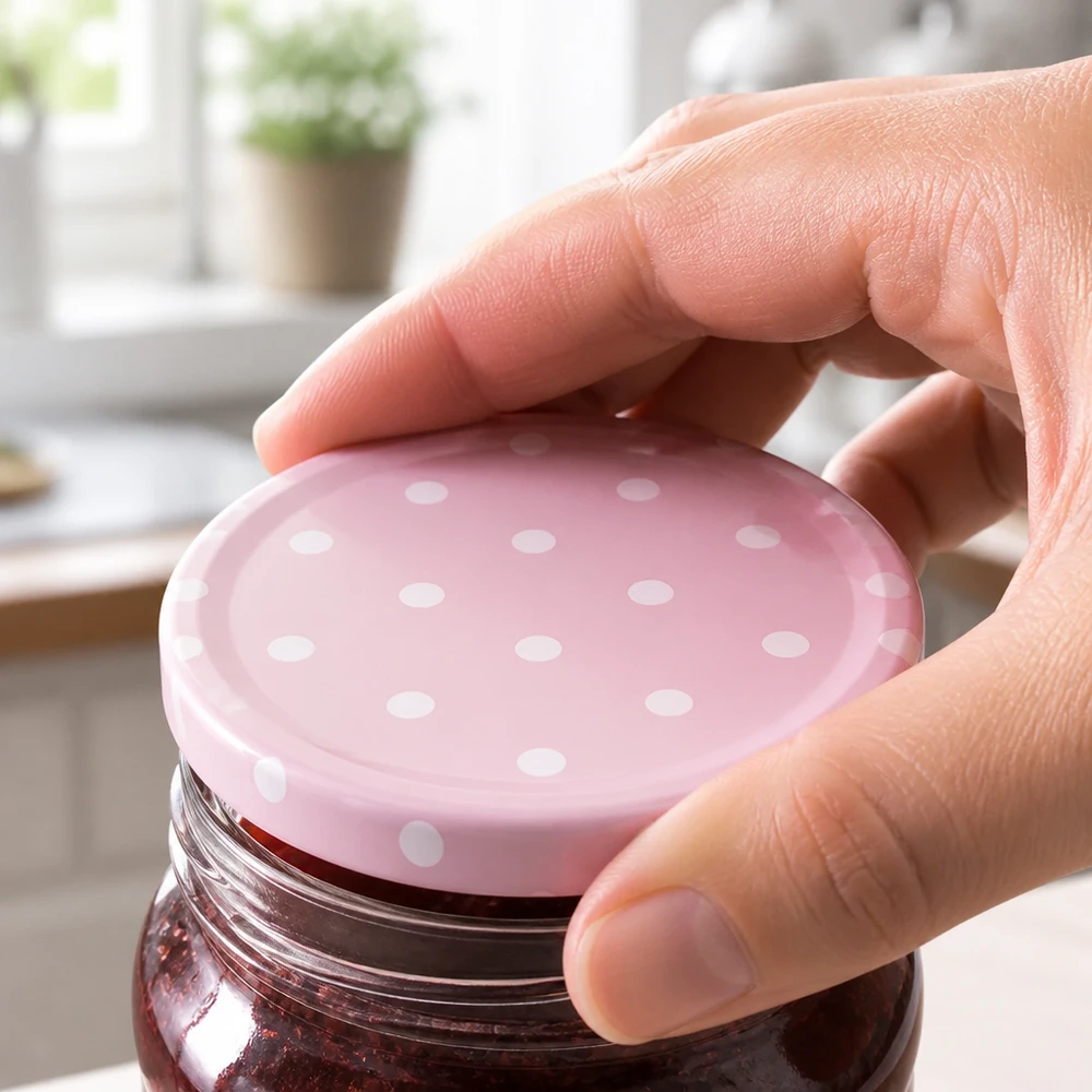 58 mm BasicSeal-deksel met stippen, roze mat (TO58) UNiTWIST Hand draait een roze, gestippelde 58 mm Twist-Off-deksel van BasicSeal op een glazen pot met inhoud