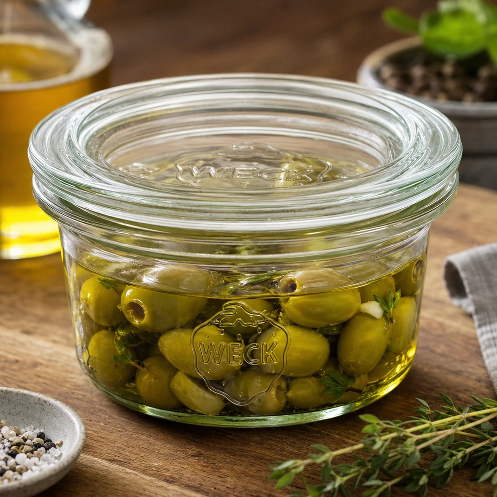 WECK bekers 50ml gevuld met ingemaakte olijven in kruidenolie naast specerijen op houten voet