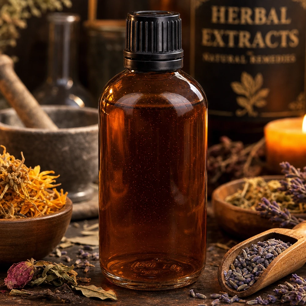 Amberkleurige glazen fles van 100 ml met kruidenextracten, omgeven door gedroogde geneeskrachtige kruiden en lavendel