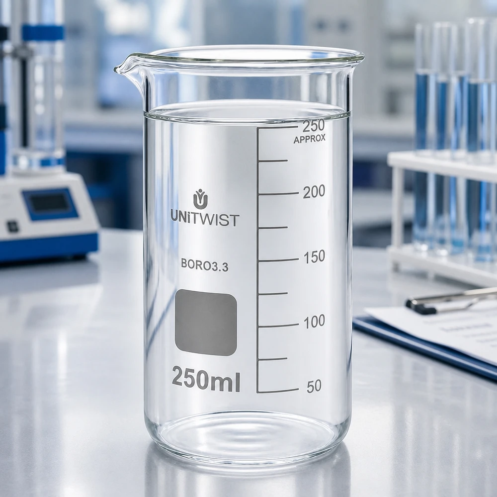 Bekerglas zonder handvat, 250 ml, hoog model, borosilicaatglas met schaalverdeling van 50 tot 250 ml, UNITWIST