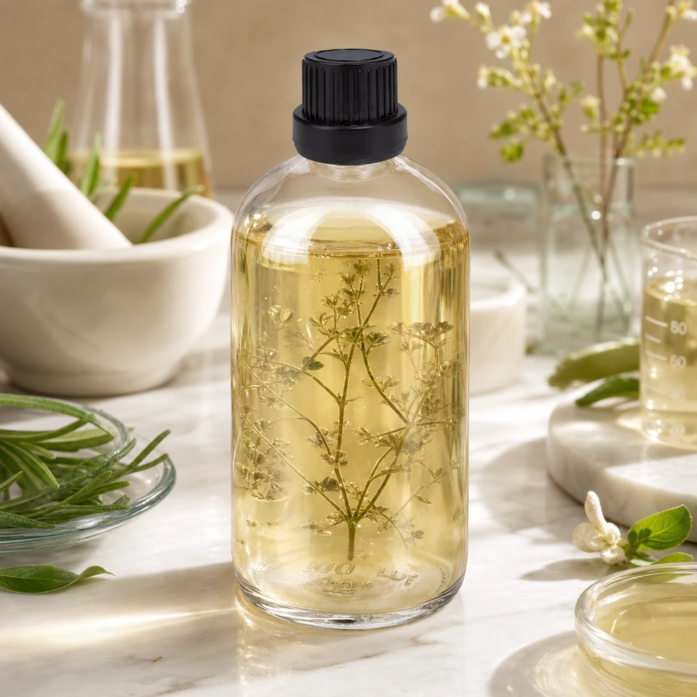 100ml druppelfles 2mm zwart OV ClearLine UT18/100 Kruidenolie-infusie in een ClearLine-druppelfles UT18 van 100 ml met kindveilige zwarte dop