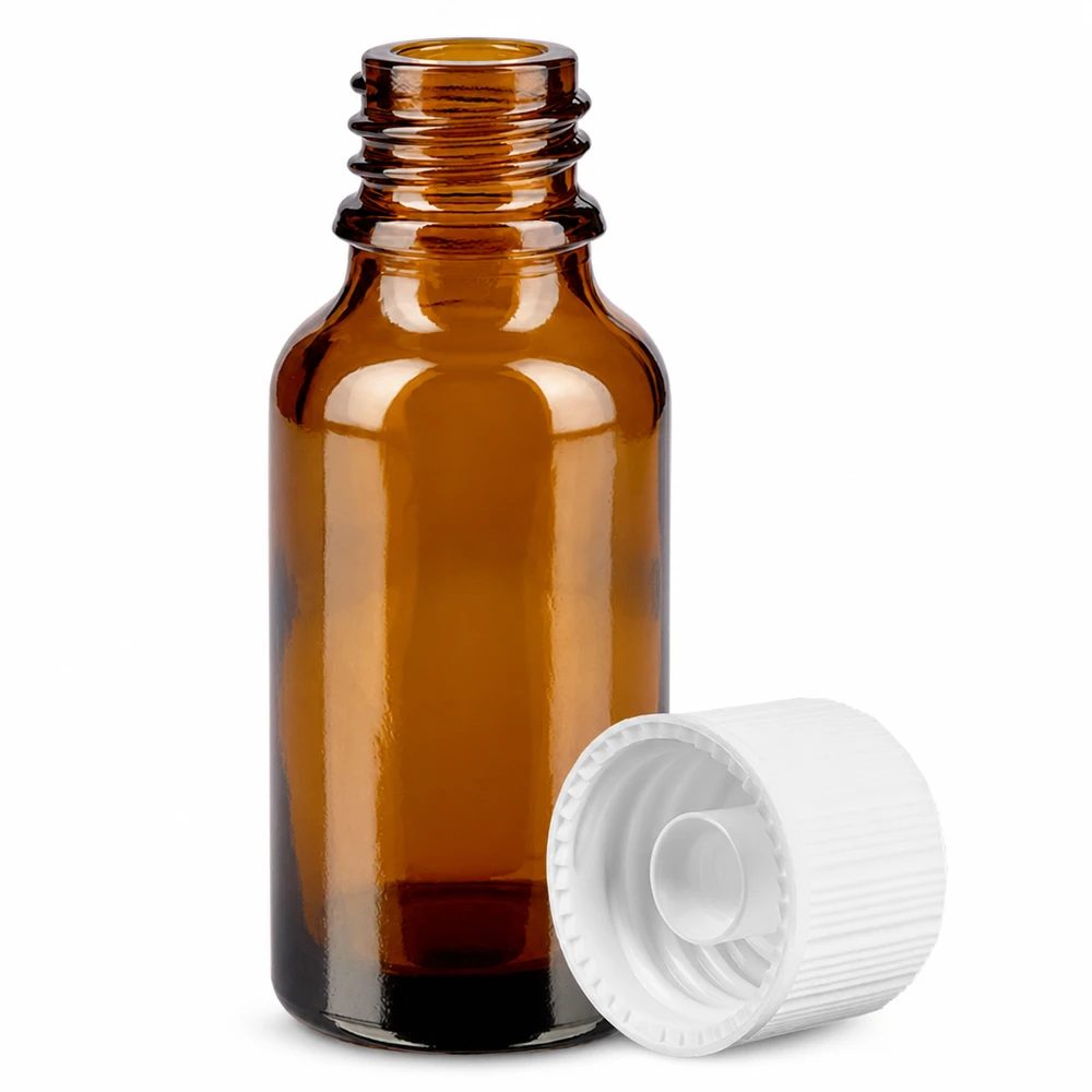 20ml amberkleurig glazen flesje met witte SV-dop perfect voor doe-het-zelf cosmetica en aromatherapie