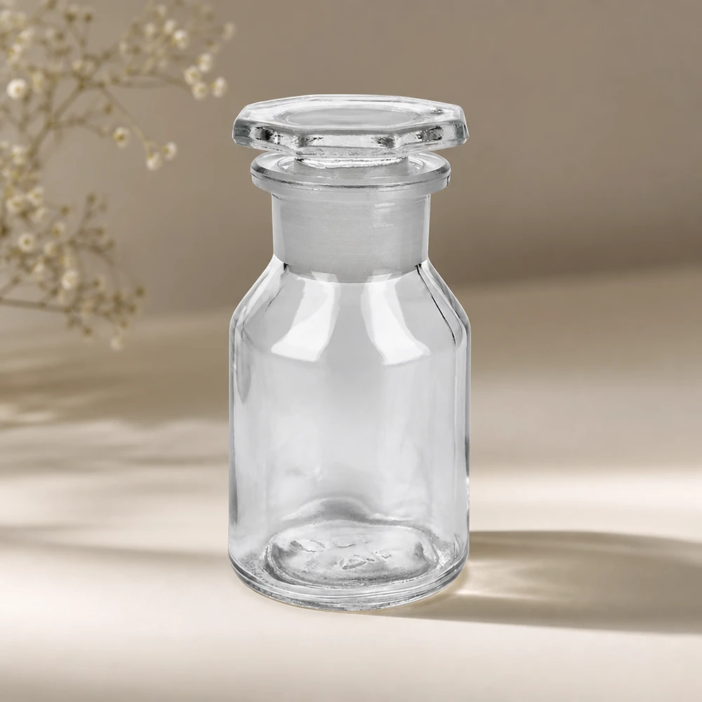Heldere glazen fles met steile zijkanten, 50 ml, brede hals en stop, voor kruiden, zouten en mineralen