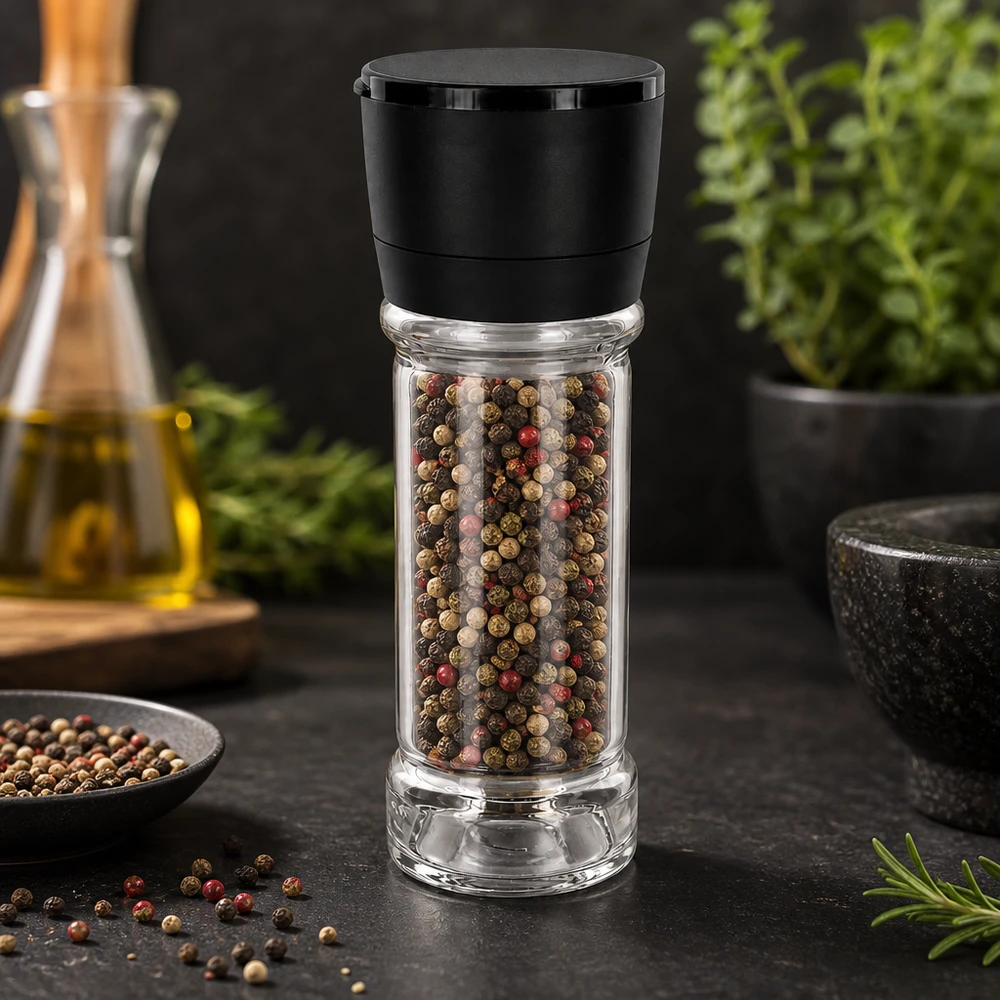 Zout-/kruidenpotje 100 ml met molen Vario zwart Kruidenpotje van 100 ml met zwarte molen, gevuld met kleurrijke peperkorrels op een donkere ondergrond