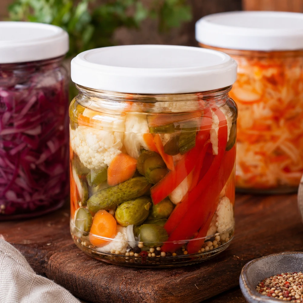 212 ml ronde pot met BasicSeal deksel gevuld met ingemaakte groenten - komkommers, paprika, bloemkool en kruiden
