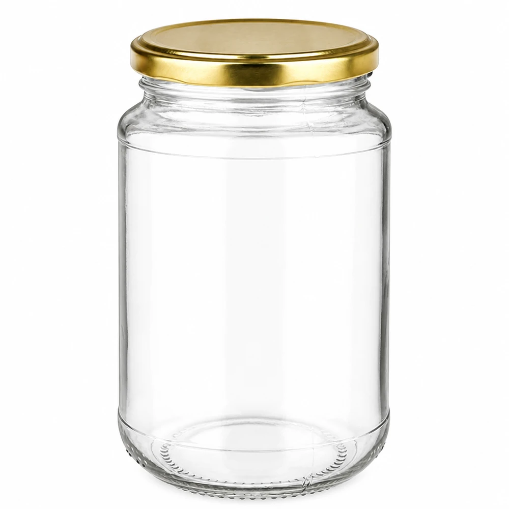 Rond glas van 320 ml + BasicSeal goud UNiTWIST Ronde glazen pot van helder glas, 320 ml, met gouden BasicSeal-deksel, ideaal voor het inmaken en bewaren