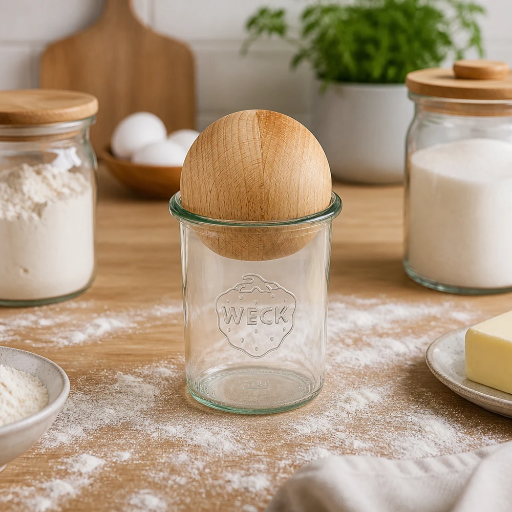 WECK RR60 trommels van 160 ml met beukenhouten bolstop, geplaatst tussen bloempotten en bakingrediënten in de bakkerijkeuken