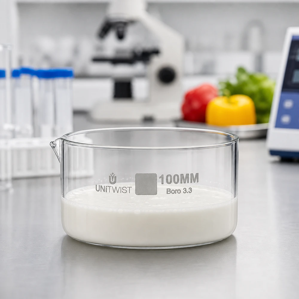 Kristalliseer schaal ø100mm borosilicaatglas UNiTWIST UNiTWIST laboratoriumglas kristallisatieschaal 100 mm Boro 3.3 voedselonderzoek groenten achtergrond