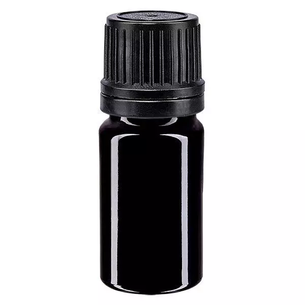 Apothekersfles violet glas 5 ml druppelsluiting Premium 1 mm zwart, garantiesluiting (OV) Apothekersfles violet glas 5 ml druppelsluiting Premium 1 mm zwart, garantiesluiting (OV)