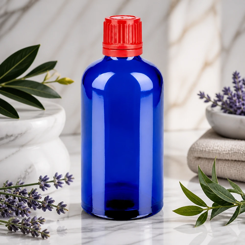 Klein glazen 100ml flesje BlueLine met rode druppeldop voor exacte dosering
