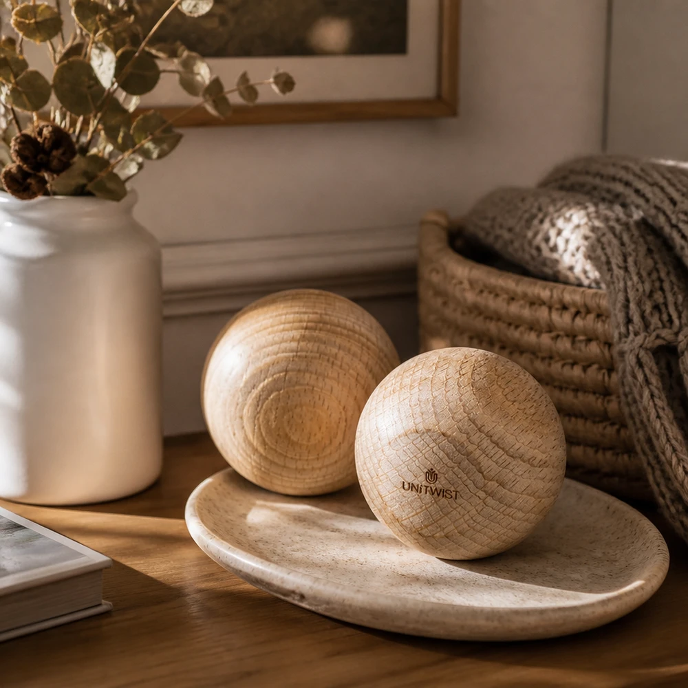 UNiTWIST houten bal beuken WECK RR60 op houten schaal decoratief gerangschikt met keramische vaas en gebreide stof woonaccessoire