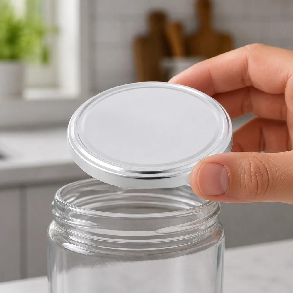 Lege inmaakpot met een BasicSeal TO82-deksel van 82 mm, wit, keukenscène