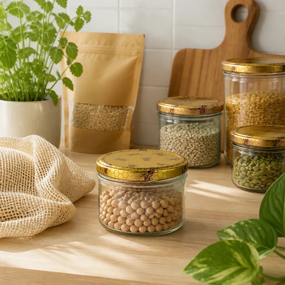225ml glazen potten set honingraat deksels gevuld met peulvruchten granen voorraadpotten keuken zero waste opslag