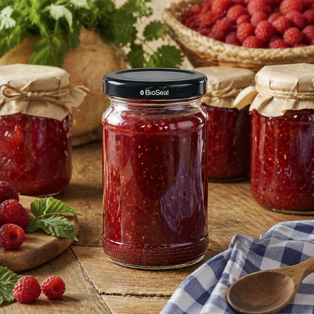 110ml rond glas met BioSeal deksel zwart UNiTWIST UNiTWIST Runda110 gevuld met frambozenjam en zwart TO48 BioSeal deksel tussen inmaakpotten op een houten basis.