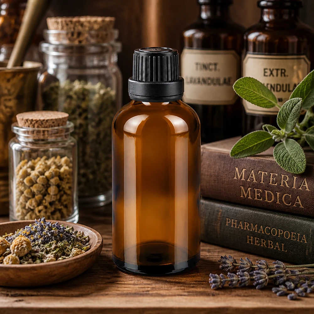 50 ml ApoGlas-bruinglas, versierd met lavendelbloemen, kamille en oude apothekersboeken