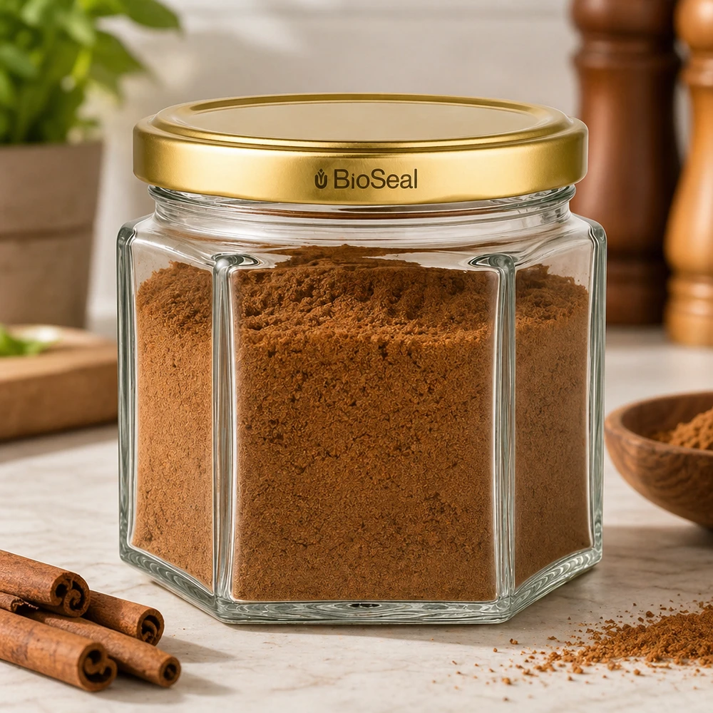 47ml hexaglas met BioSeal deksel goud UNiTWIST UNiTWIST Hexa47 glazen pot met gouden BioSeal deksel gevuld met kaneel in een rustieke keukensetting
