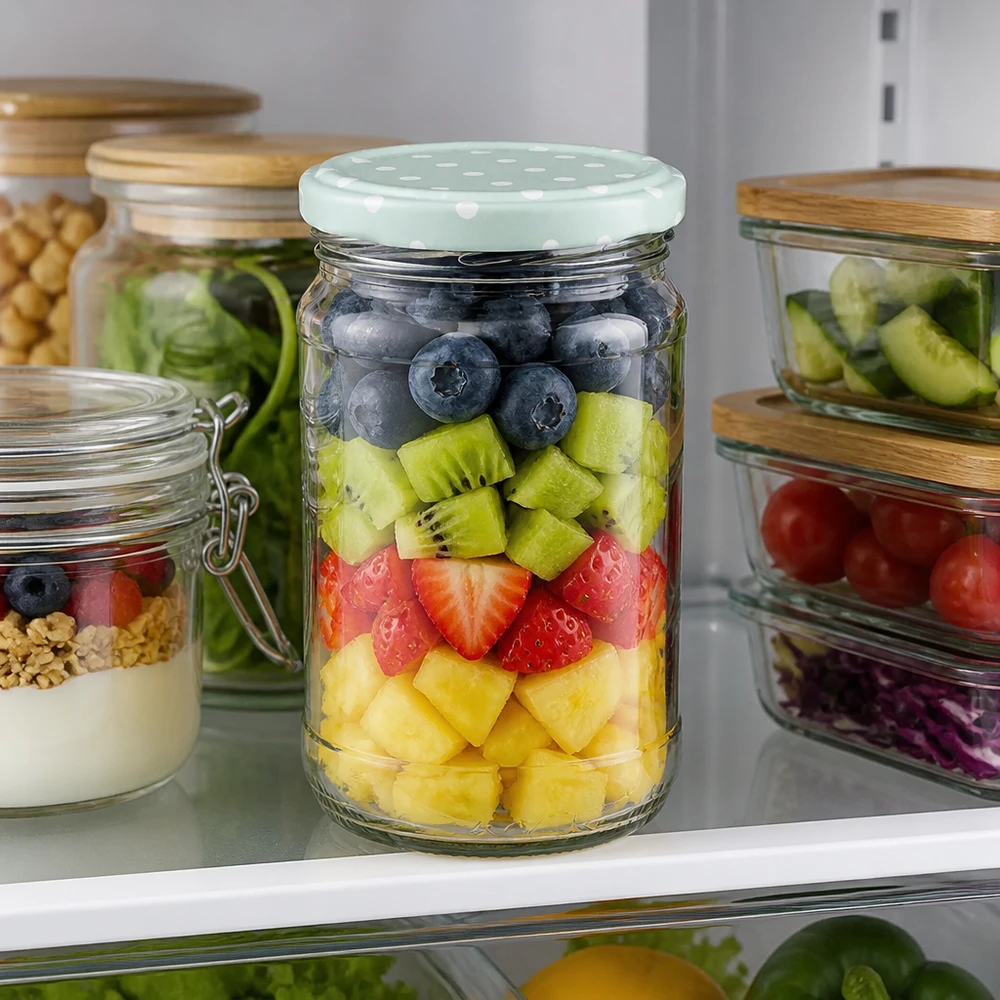 370 ml rond glas + BasicSeal-stippen mint mat UNiTWIST Een rond UNiTWIST-glas van 370 ml, gevuld met fruit en voorzien van een mintgroene BasicSeal-deksel met stippen, in de koelkast