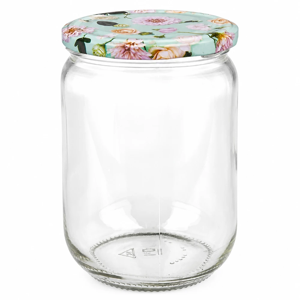 555 ml ronde glazen pot + BasicSeal-deksel met bloemmotief, mint, UNiTWIST Doorzichtige glazen pot van 555 ml met een kleurrijk bloemendeksel in mintkleur voor jam en voorraad